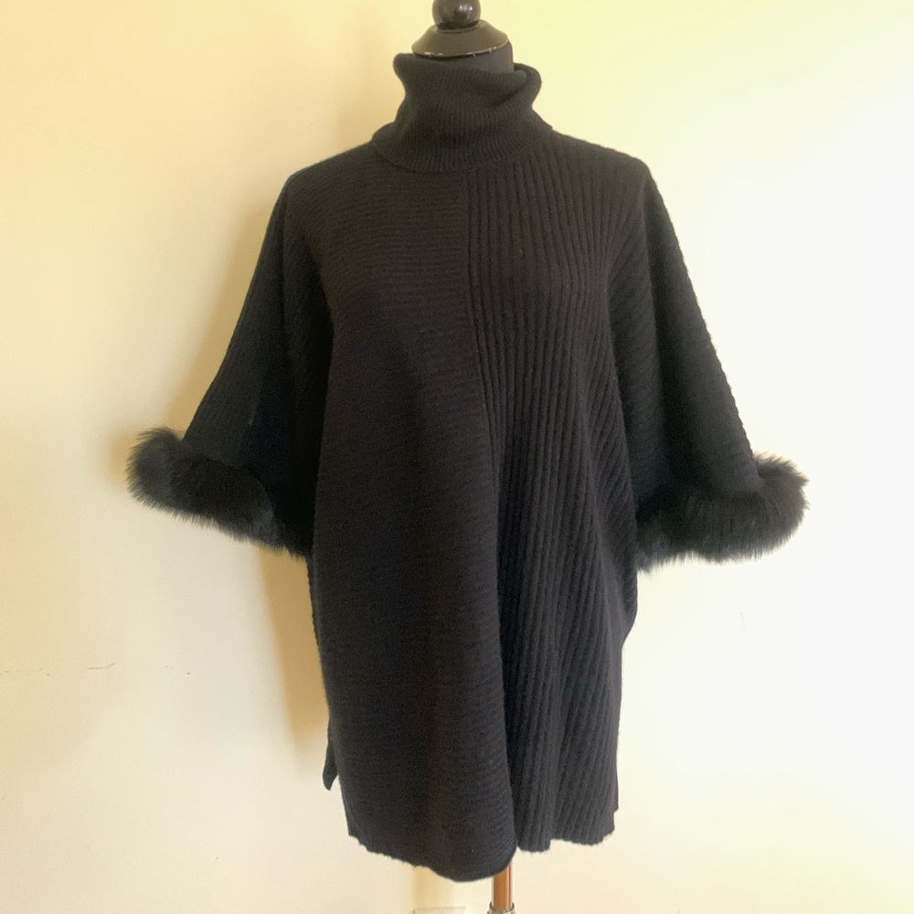 Sofia Cashmere fox fur poncho style sweater